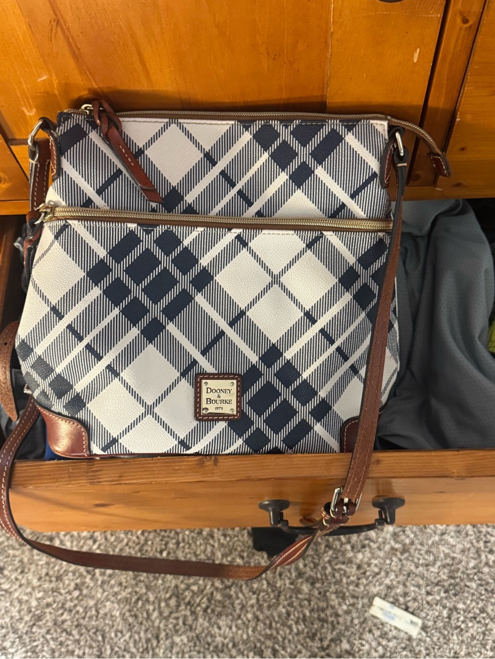 Dooney & Bourke Navy and White Plaid Crossbody with Brown Trim